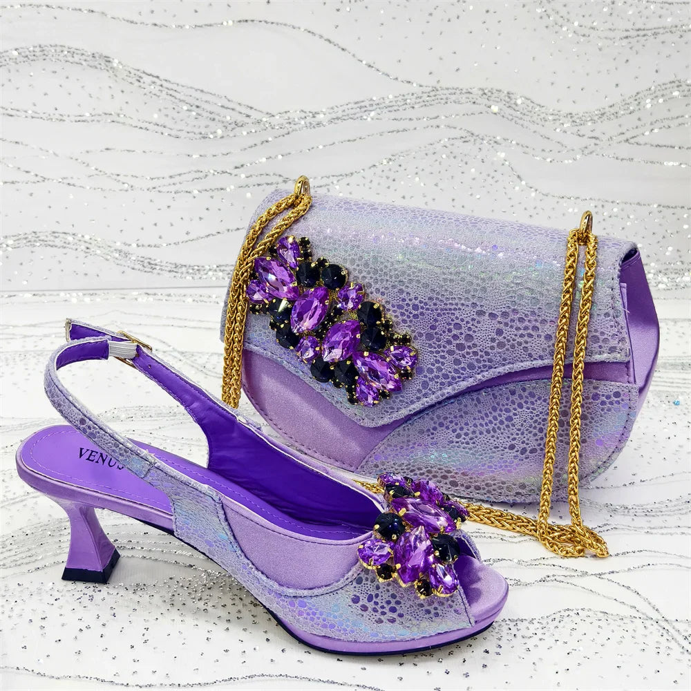 Rhinestone Design African Shoes & Bag Set in Green – Open Toe Comfortable Women's Heels