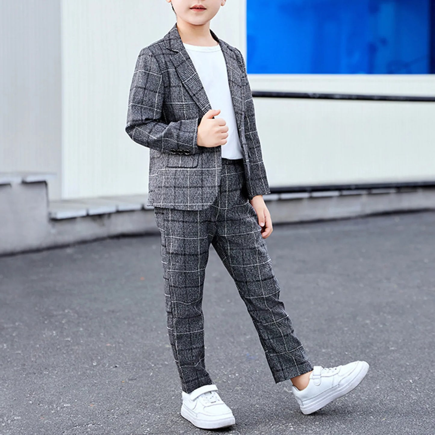 Boys Plaid Slim Fit Casual Suits Set Child Spring Autumn Performance Piano Photography Costume Kids Blazer Pants Outfit