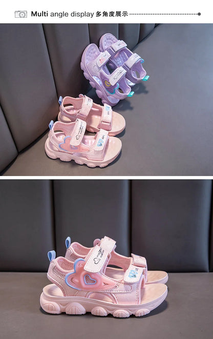 2026 New Summer Girls Sports Sandals Love Heart Decor Soft Non-Slip Beach Sandals For 3-12 Years Old Kids