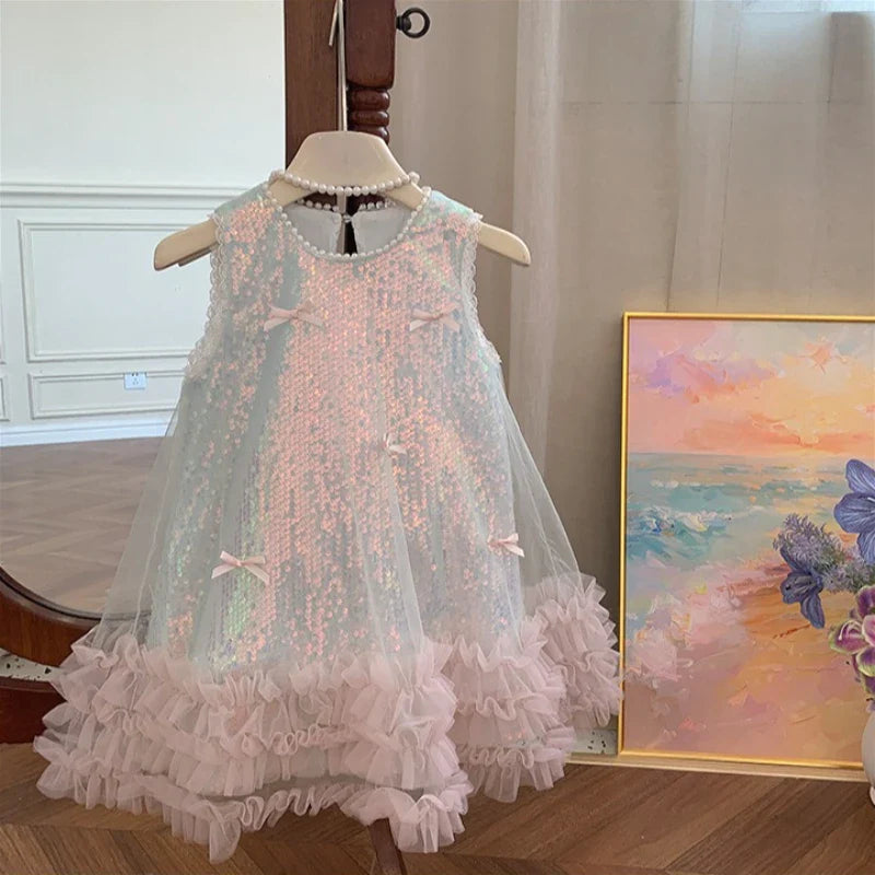 2-7 Years Girls Tulle Fairy Princess Dress Summer Sleeveless Butterfly Star Sequined Children Puffy Skirt Birthday Party Gift