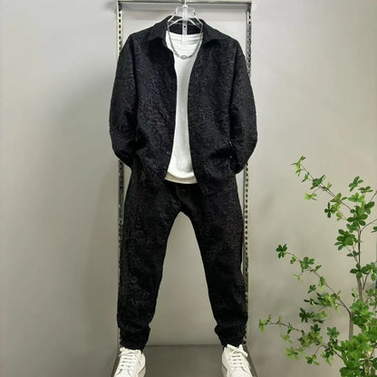 Men's Three-Dimensional Relief Small Fragrance Fashion Shirt Set Casual Versatile Sports Two-Piece Trendy Outfit