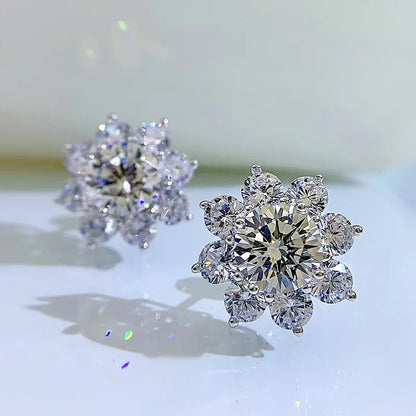 100% Real S925 Sterling Silver Floral Zircon Stud Earrings Women High Carbon Diamond Earring Ear Studs Fine Jewelry Gift