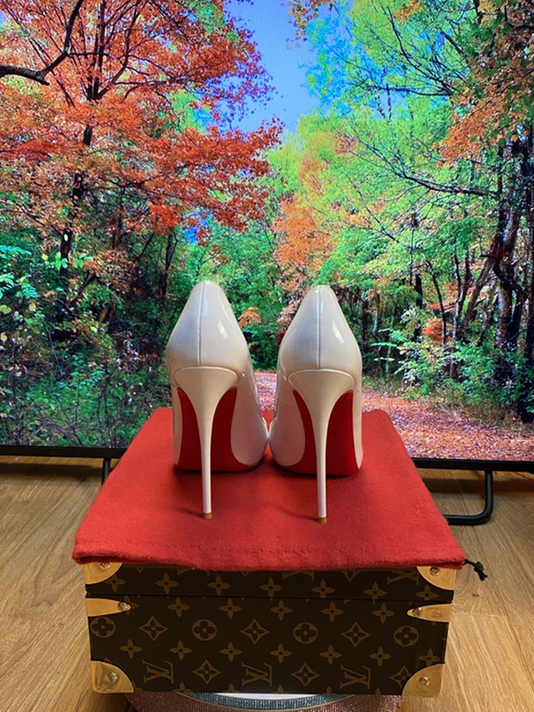 Multi color customized 12cm super high heels, nude white patent leather, sexy red sole, pointed thin single order shoes
