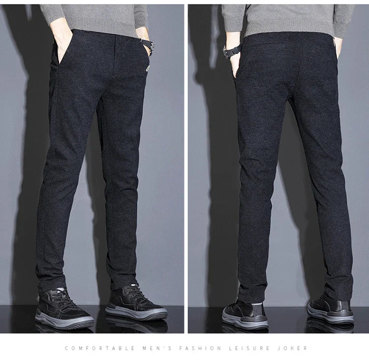 Men's Solid Straight Casual Pants Autumn Woolen Slim Fit Office Pants Vintage Elastic Waist Youth Trousers Everyday Wear