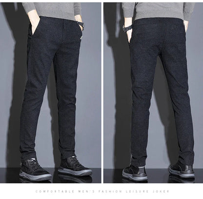 Men's Solid Straight Casual Pants Autumn Woolen Slim Fit Office Pants Vintage Elastic Waist Youth Trousers Everyday Wear