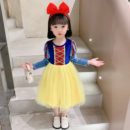 Fantasia Infantil Branca de Neve Vestido de Princesa Baile Meninas Aniversário Festa Corpinho de Veludo Saia de Tule Malha Roupa Cosplay Infantil 2-10 Anos