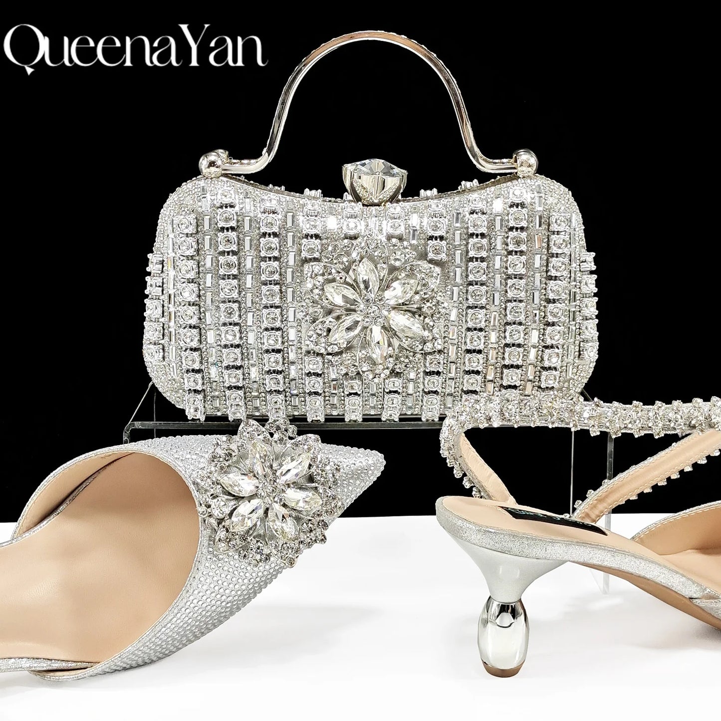 Party Perfection: Rhinestone-Embellished Heels and Gold Mini Bag for Elegant Nights