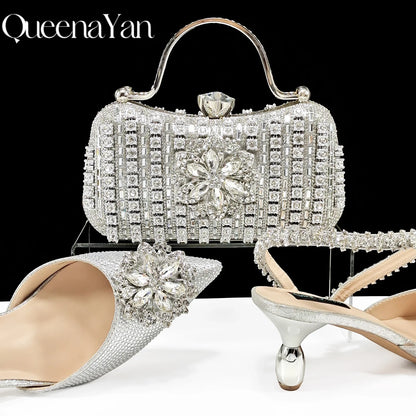 Party Perfection: Rhinestone-Embellished Heels and Gold Mini Bag for Elegant Nights