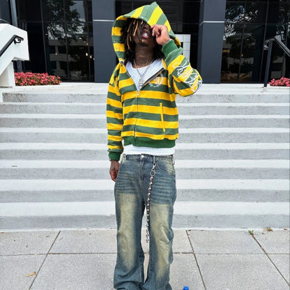 Y2K Street Kid Zip Up Hoodie Stripe Rivet Embroidery Pattern Sweatshirt New Men Hip Hop Fashion Streetwear Unisex Boxy Clothing