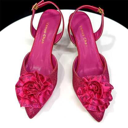 Elegant Shiny Dark blue Handbag and Medium Heel Shoes Set with Beautiful Handmade Flowers for Weddings and Parties