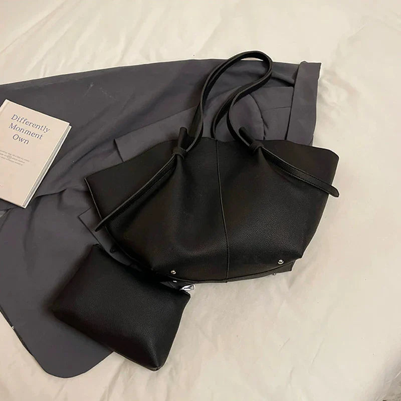 Luxury Designer Women's Soft PU Leather 2-in-1 Shoulder Tote Bag Set Big Capacity Branded Shopper Handbags Gray Blue PinkTan