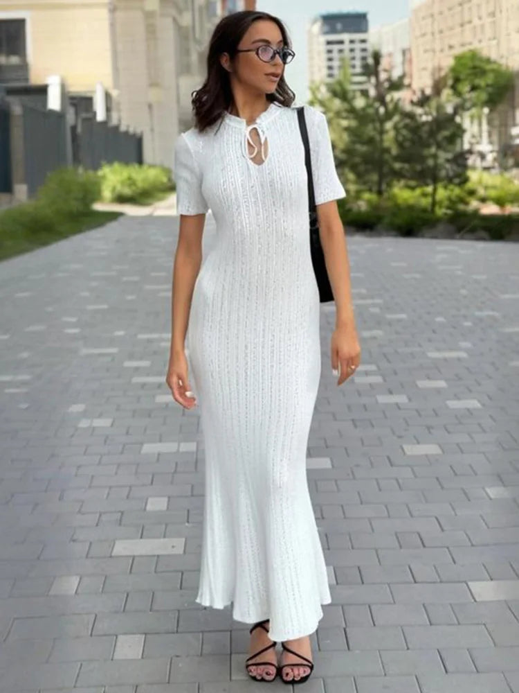 Long Dress Female Short Sleeve Slim Hollow Retro Elegant Sweater Dress 2025 Summer High Waist Woman Dress