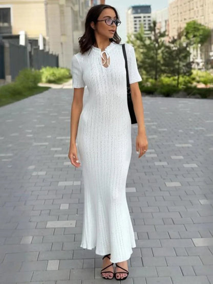 Long Dress Female Short Sleeve Slim Hollow Retro Elegant Sweater Dress 2025 Summer High Waist Woman Dress