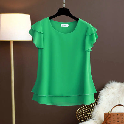 Fashion Brand Summer Oversized Loose and Thin Casual Blouse Top Short Sleeve Chiffon Top White Blouse Green Women’s Tops M-6XL