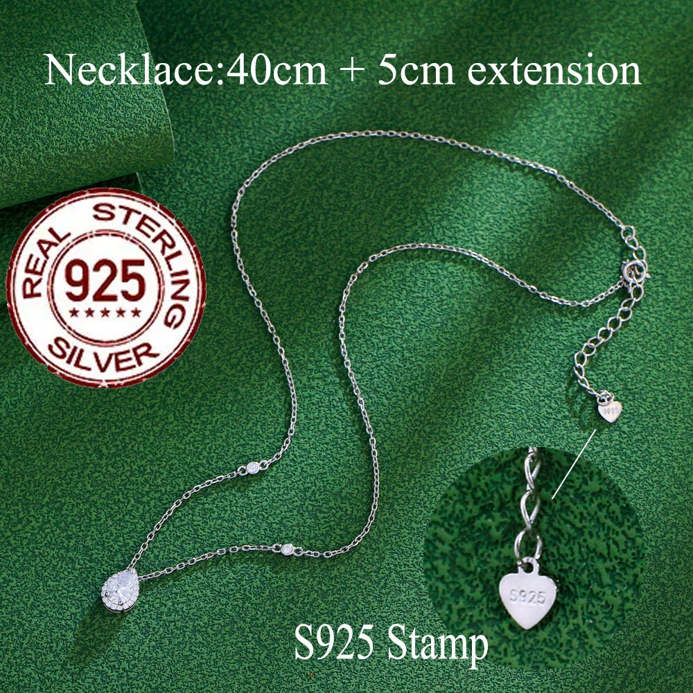 Pure 925 Sterling Silver Pear Cut CZ Stud Earrings Pendant Necklace Set for Women Fine Jewelry Accessories Gift ST005