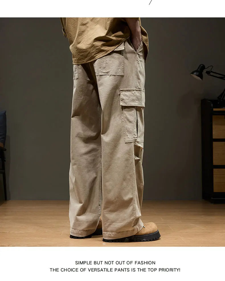 Men's Baggy Cargo Pants with Pockets 100% Cotton Drawstring Elastic Waist Wide Leg Outdoor Casual Pants Plus Size 8XL