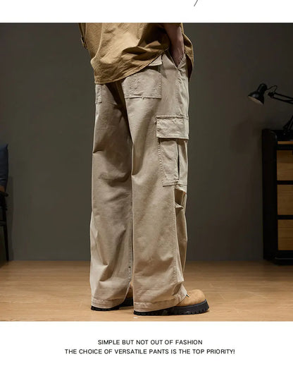 Men's Baggy Cargo Pants with Pockets 100% Cotton Drawstring Elastic Waist Wide Leg Outdoor Casual Pants Plus Size 8XL