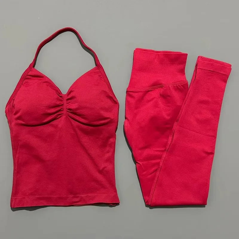 2Piece Sports Gym Set Women Longline Strappy Top Fitness Clothes Seamless Yoga Set Running Workout Sports Leggings Sets