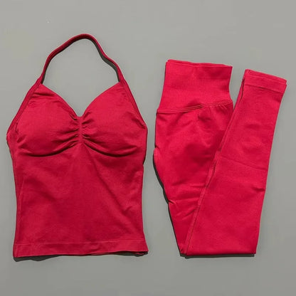2Piece Sports Gym Set Women Longline Strappy Top Fitness Clothes Seamless Yoga Set Running Workout Sports Leggings Sets