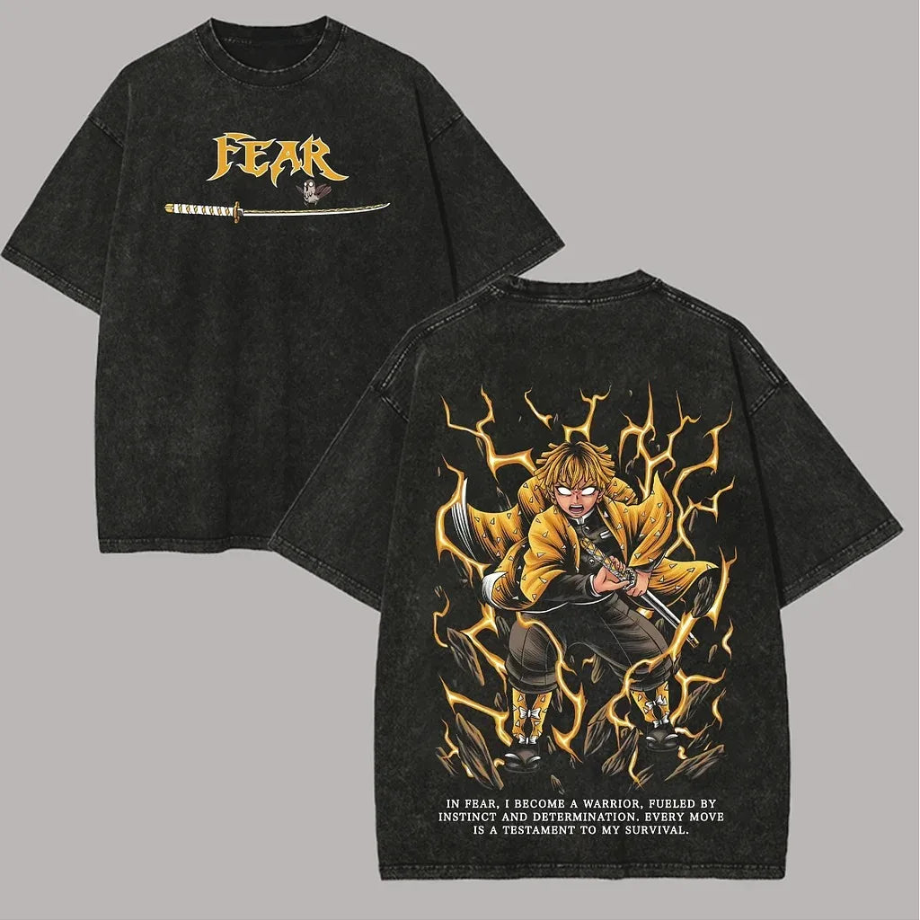 Summer Men's Washes T-shirts Japanese Anime Demon Slayer Agatsuma Zenitsu Graphic Clothing Harajuku Y2K Oversized  Cotton Tops