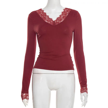 V neck Lace T shirt Top Women Sexy Navel Exposed Pullover Fashion Splice Hot Girl Club Party Top Autumn New Lady T shirt