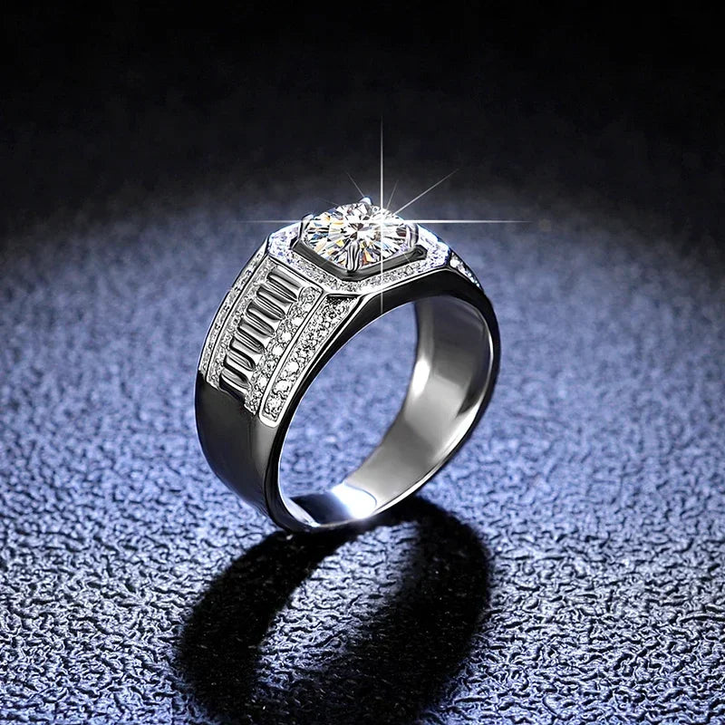 Moissanite Ring For Men Sterling Silver Platinum Plated Ring Lab Diamond Men's Rings Man Wedding Band Fine Jewelry
