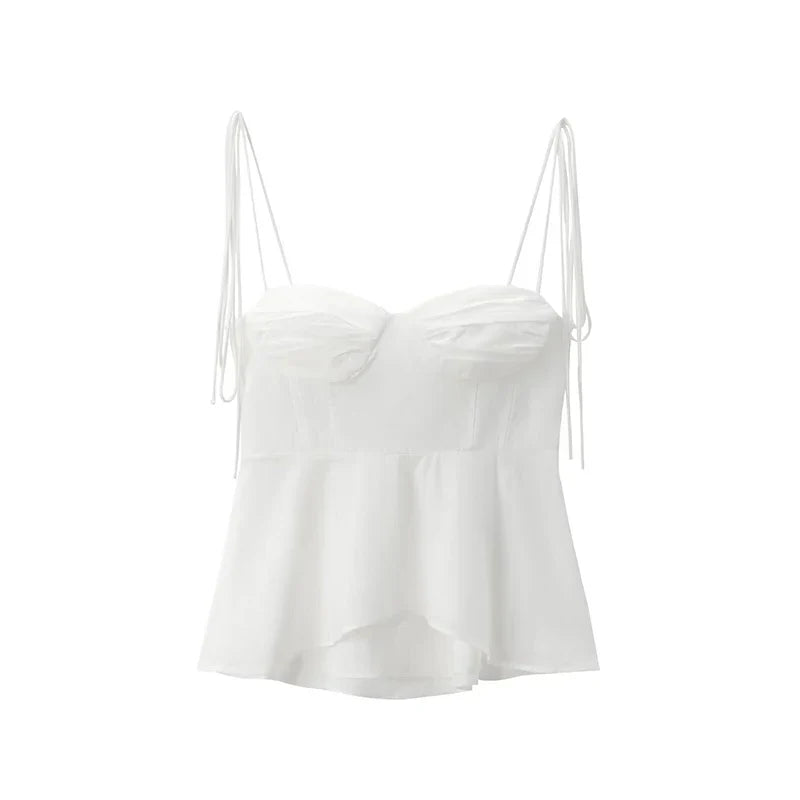 Women Fashion Solid Pleated Backless Side Zipper Cropped Tops Vintage Thin Straps V-Neck Female Chic Lady Crop Top