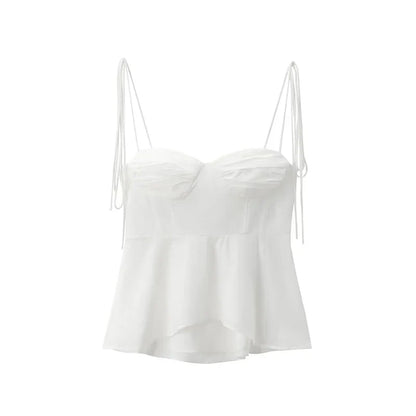 Women Fashion Solid Pleated Backless Side Zipper Cropped Tops Vintage Thin Straps V-Neck Female Chic Lady Crop Top