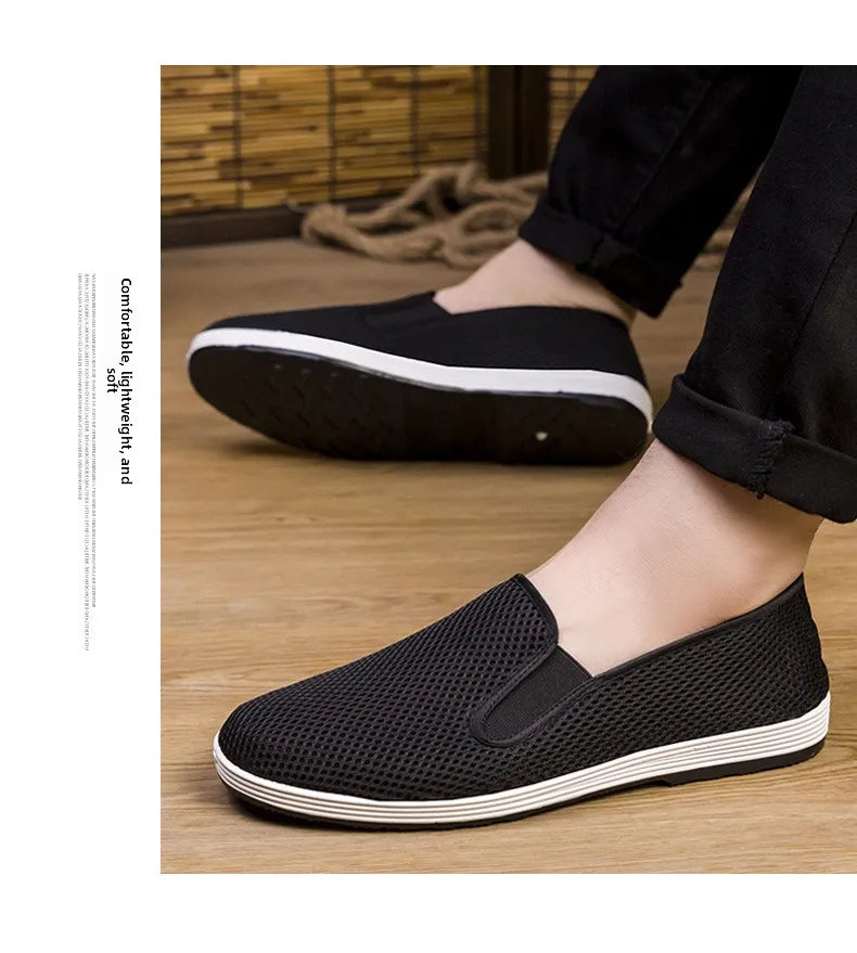 Men's Summer Soft Bottom Driving Shoes Breathable Mesh Slip-On Shoes Wear-Resistant Casual Old Beijing Style Rubber Sole