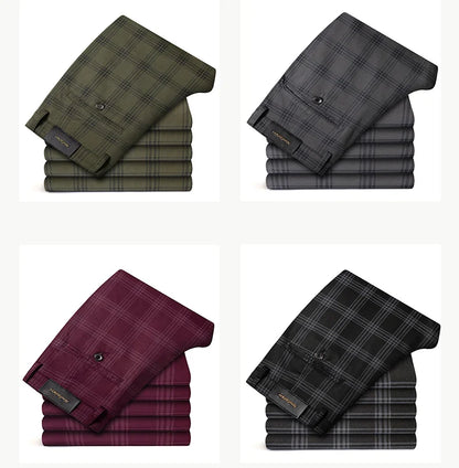 Brand Clothing Mens Casual Pants Fashion Plaid Classic Business Formal Trousers Elastic Straight Social Luxury Suit Pants