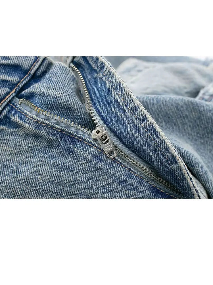 Women's Street Fashion Denim Blue Jeans Distressed Patchwork High Waist Zipper Fly Ripped Retro Long Pants