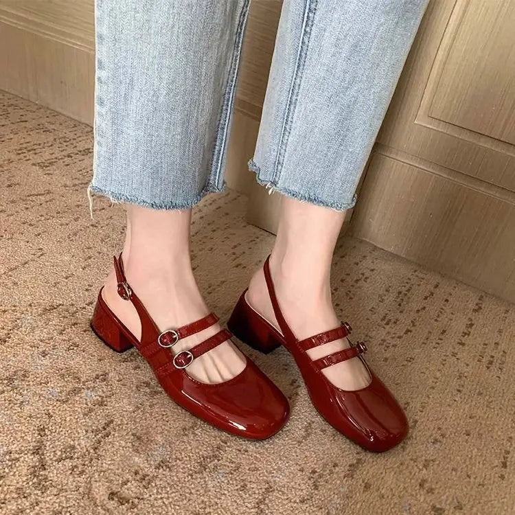 2025 Burgundy Mary Janes Square-Toe Double-Buckle Patent Leather Chunky Heel Shoes with Jean Styling