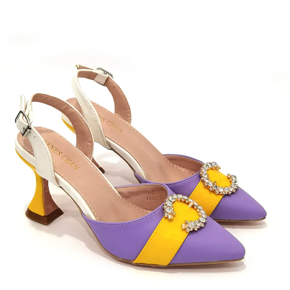 Italian Design Leather Colorblock Pointed Toe High Heel Women's Sandals Fashion Everyday Matching Shoes and Bag Sets