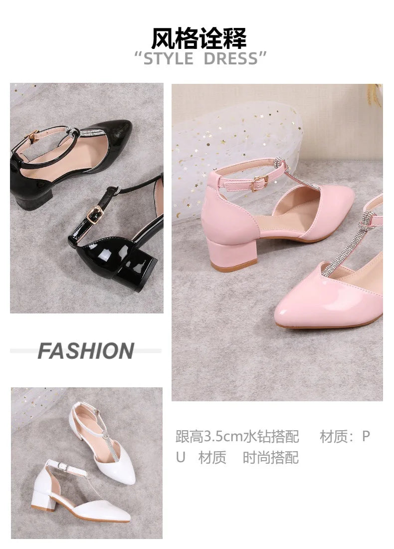 Children's Thick Heel Sandals Summer New Pointed-toe Girls' Crystal Princess Shoes Fashion Children's High-heeled Leather Shoes