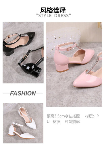 Children's Thick Heel Sandals Summer New Pointed-toe Girls' Crystal Princess Shoes Fashion Children's High-heeled Leather Shoes