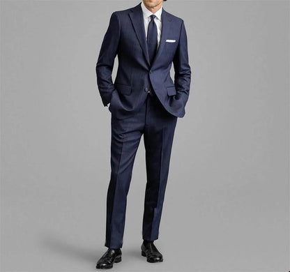 Cotton Blue Striped Classic Men's Business suit 2pc Set Suit Jacket Suit Pants Groom's Wedding Suit Gentleman's Banquet Suit