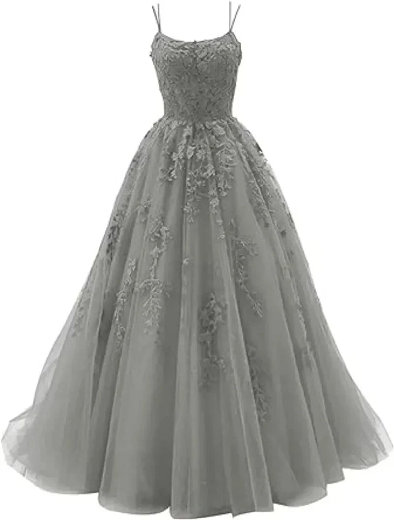 Tulle Spaghetti Straps Prom Dresses Long Lace Appliques Ball Gowns for Women