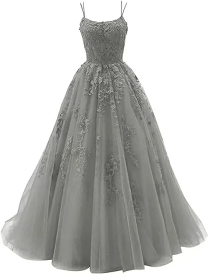 Tulle Spaghetti Straps Prom Dresses Long Lace Appliques Ball Gowns for Women