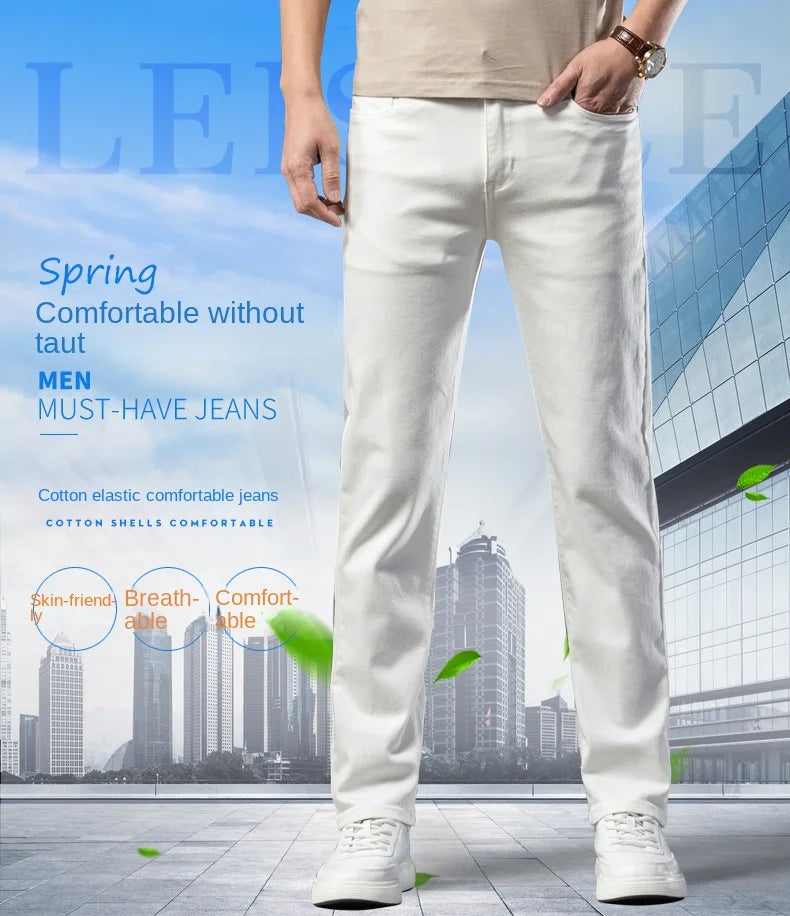 2025 Men White Jeans Fashion Casual Classic Style Regular Straight  Fit Soft Trousers Male  Advanced Stretch Pants