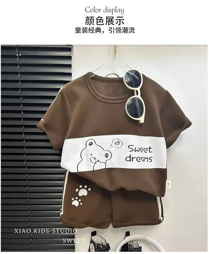 2026 New Kids Short Sleeve Suit Striped Girls Boys Set Summer Tops +short Baby Clothes Children's Wear