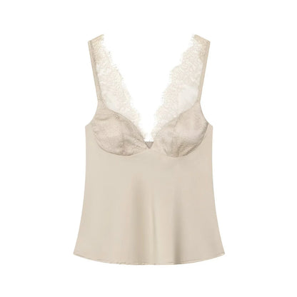 European and American style 25 winter new lace detail decoration heart-shaped neckline fine shoulder strap silk texture top