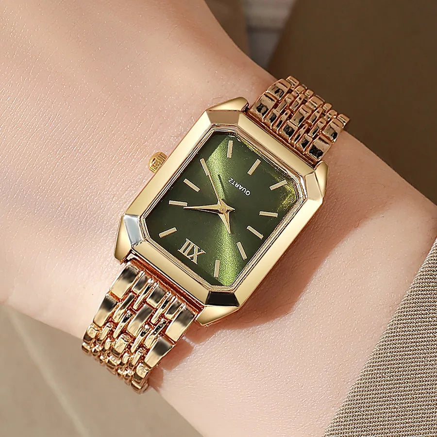 Luxury Women's Quartz Watch Set Fashion Alloy Band Business Ladies Watches Square Quality Gold Plated Folding Female Clock