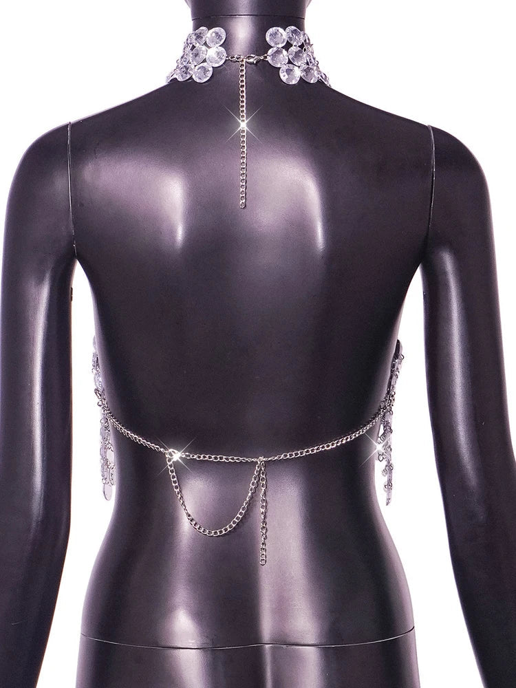 Silver Halter Tank Top Glitter Diamonds Bustier Tops Gorgeous Backless Metal Sequin Crop Top Club Vest Festival Outfits