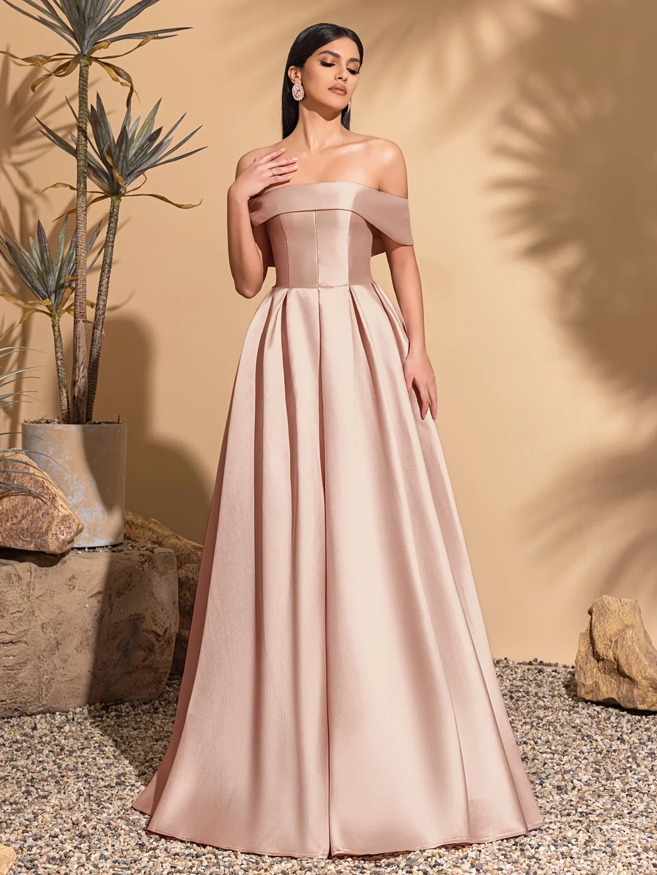 Off-the-shoulder satin dress with back tie, elegant and chic dress