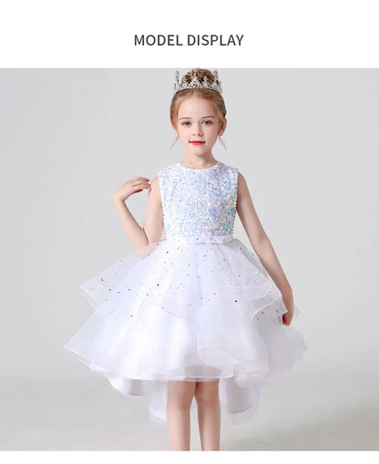 Summer Sequin Lace Tuxedo Wedding Dress for girls 3-13 years old Sleeveless fluffy Mesh gauze Doveark brand