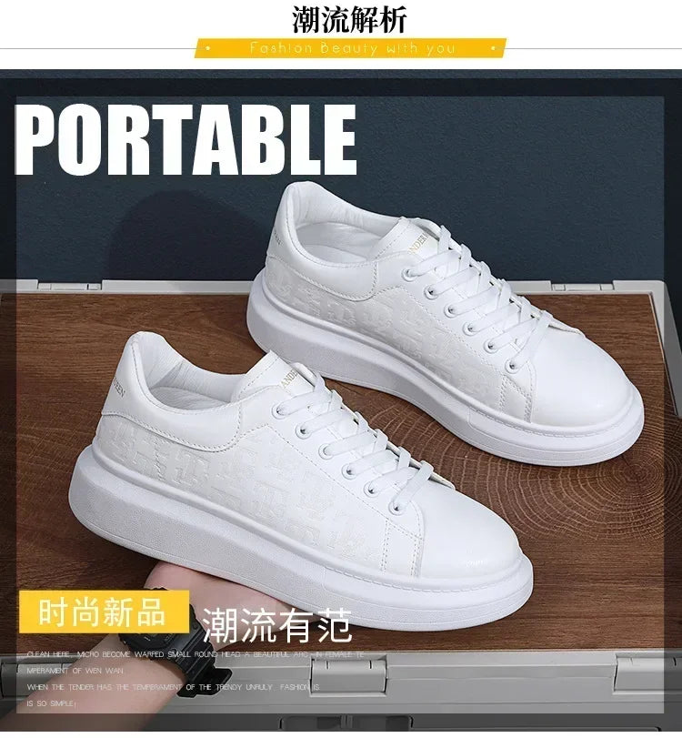 2025 New Men's Shoes Spring and Autumn Flat-soled Casual Leather Shoes Sports Shoes Black and White Men's Thick-soled Breathable