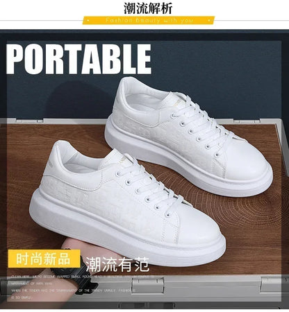 2025 New Men's Shoes Spring and Autumn Flat-soled Casual Leather Shoes Sports Shoes Black and White Men's Thick-soled Breathable
