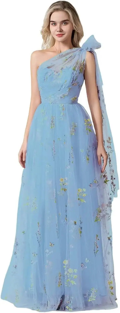 Vestido Longo de Formatura Feminino Elegante de Um Ombro Só com Bordado Floral em Tule, Modelo Godê para Festas de Gala