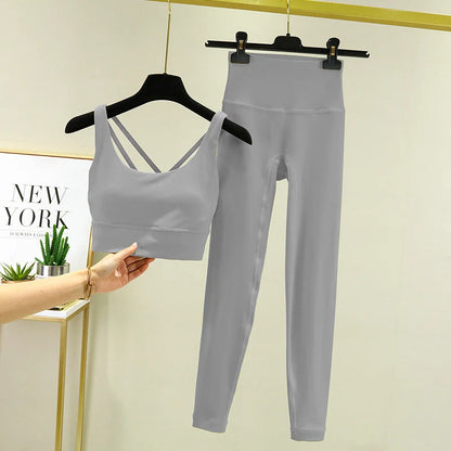 TRY TO BN Tummy Control Gym Set 2 Piece High Waisted Leggings Cross Bra Squat Proof Fitness Breathable Yoga Outfits Workout Set
