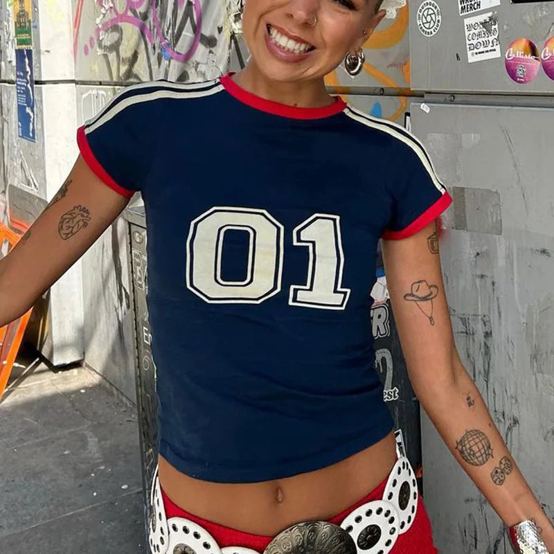 PORTUGAL Cute 2000s Aesthetics Letter Print Blue Baby Tees Y2K Streetwear O-neck Short Sleeve Crop Tops Women Fashion 2023 Slim
